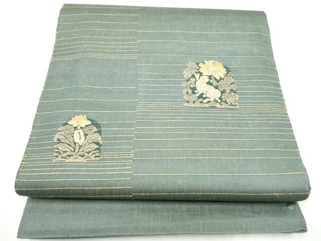 平和屋着物●太鼓柄袋帯　駒刺繍　黄金繭　花兎　金糸　正絹　逸品　CABI8892hy