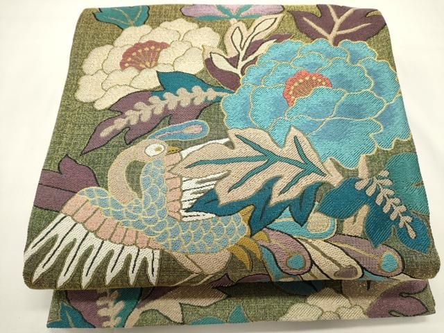 平和屋着物▽六通柄袋帯　スリーシーズン　春夏秋　花鳥文　金糸　正絹　逸品　DABH1754cd