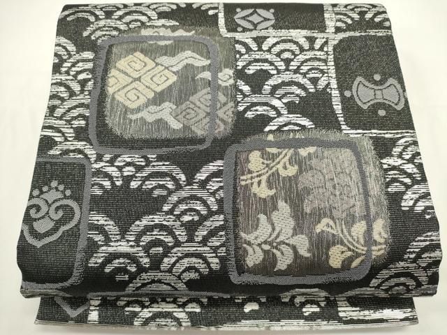 平和屋着物▽両面　六通柄袋帯　スリーシーズン　春夏秋　青海波花文　宝尽くし　黒地　銀糸　正絹　逸品　DABH1758cd
