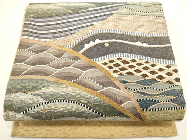 平和屋着物▽太鼓柄袋帯　スリーシーズン　春夏秋　すくい織　立波文　正絹　逸品　DABH1763cd