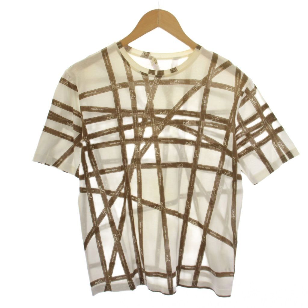 エルメス HERMES Tシャツ カットソー 半袖 クルーネック 総柄 M 白 ブラウン /BM