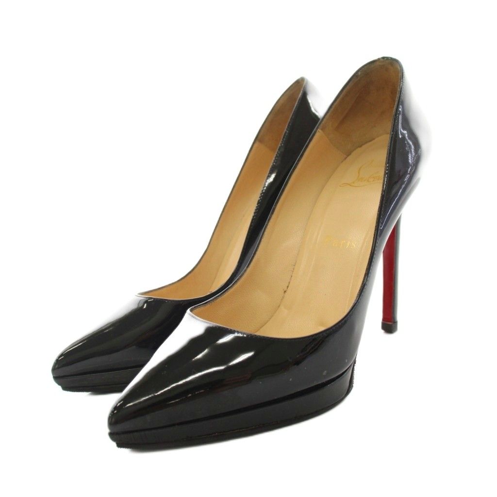 クリスチャンルブタン Christian louboutin パンプス ポインテッドトウ ピンヒール エナメル ビブラムソール 37.5 黒 ブラック 赤 レッド /YT