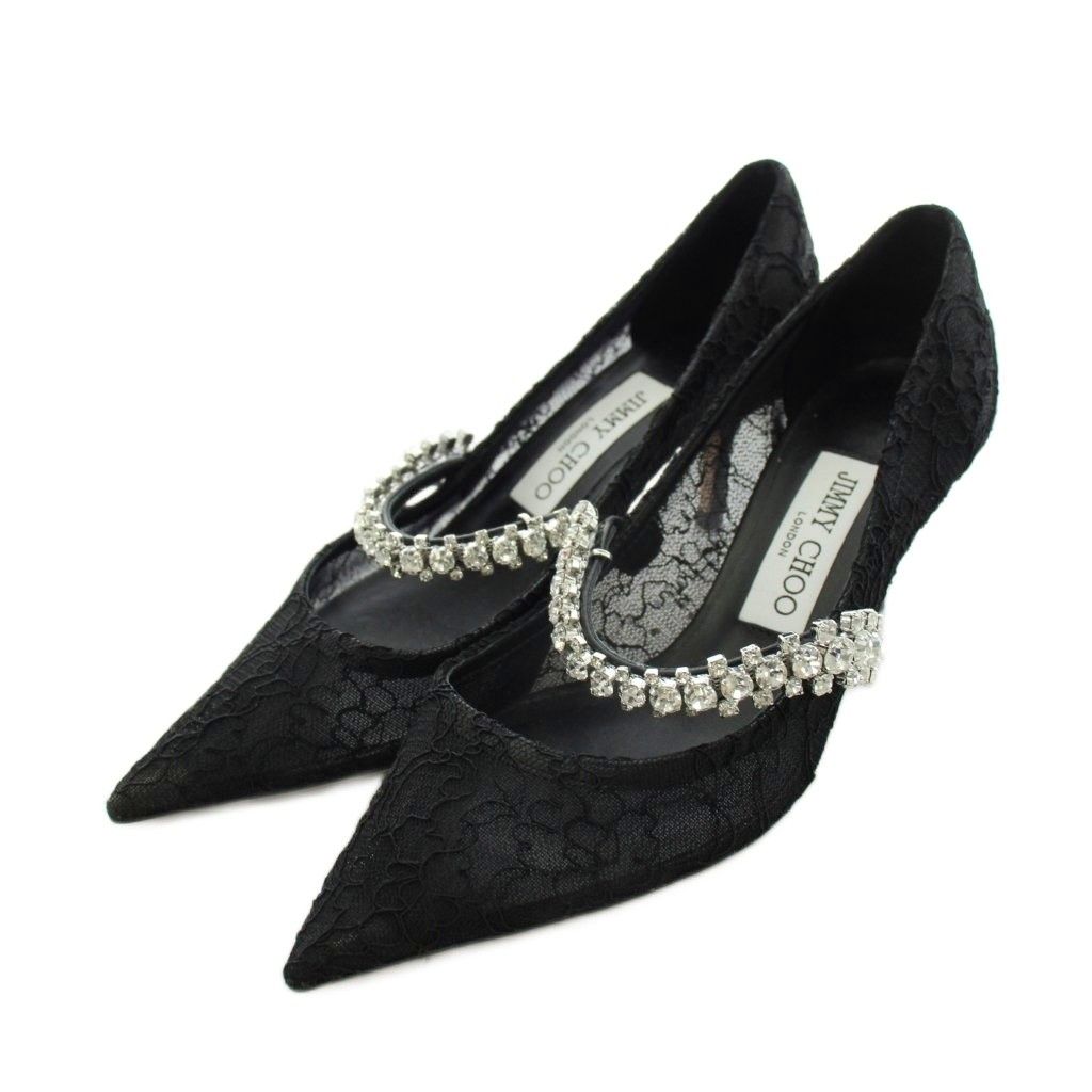 ジミーチュウ JIMMY CHOO パンプス ポインテッドトゥ ビジュー レース 35.5 黒 ブラック /AN40