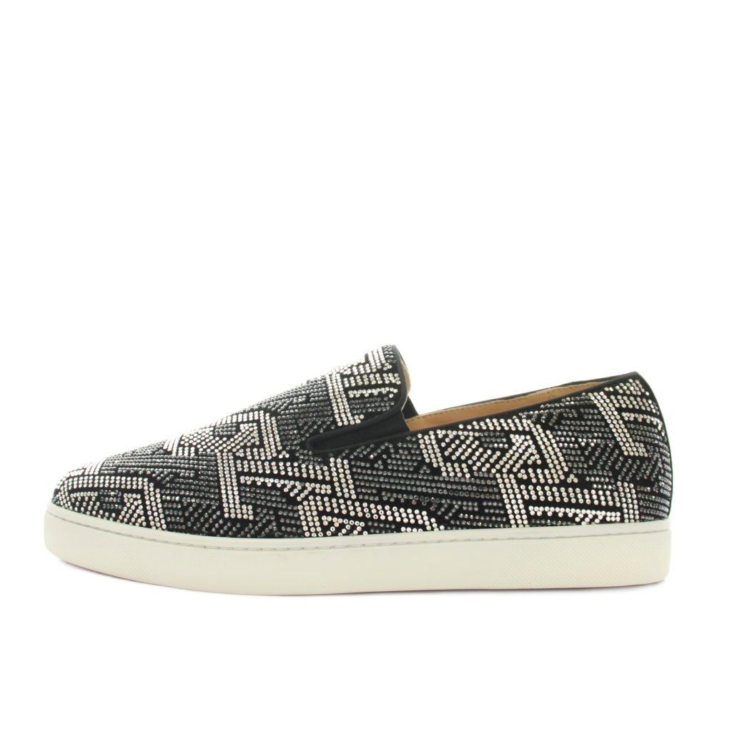 クリスチャンルブタン Christian louboutin ボートモノストラスフラットヴォー BOAT MONO STRASS FLAT VEAU スリッポン シューズ スニーカー レザー ラインストーン 42.5 黒 ブラック シルバー /YT