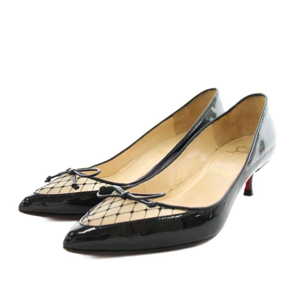 クリスチャンルブタン Christian louboutin パンプス ポインテッドトゥ ヒール リボン エナメル 37 黒 ブラック /AN64
