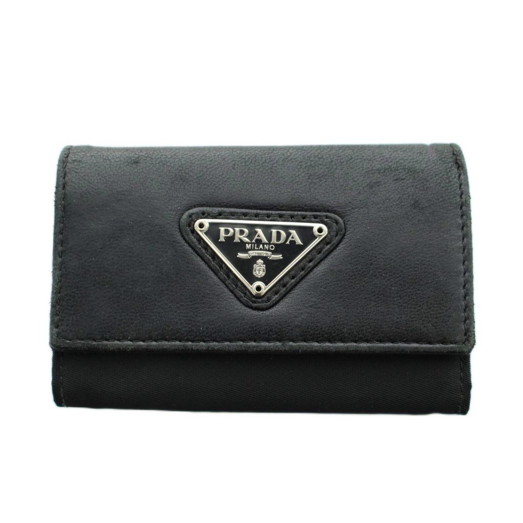 美品PRADA プラダ 三角プレート 6連 キーケース ナイロン ブラック プラダ PRADA 三角ロゴ トライアングルプレート キーケース 6連 レザー