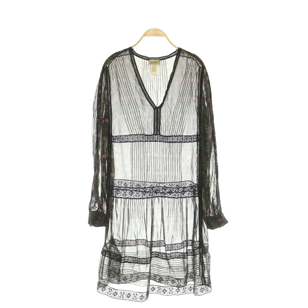 フィロソフィーディアルベルタフェレッティ PHILOSOPHY di ALBERTA FERRETTI シルク シアーワンピース 膝丈 レース切替 総柄 I42 ブラック /MY ■OS