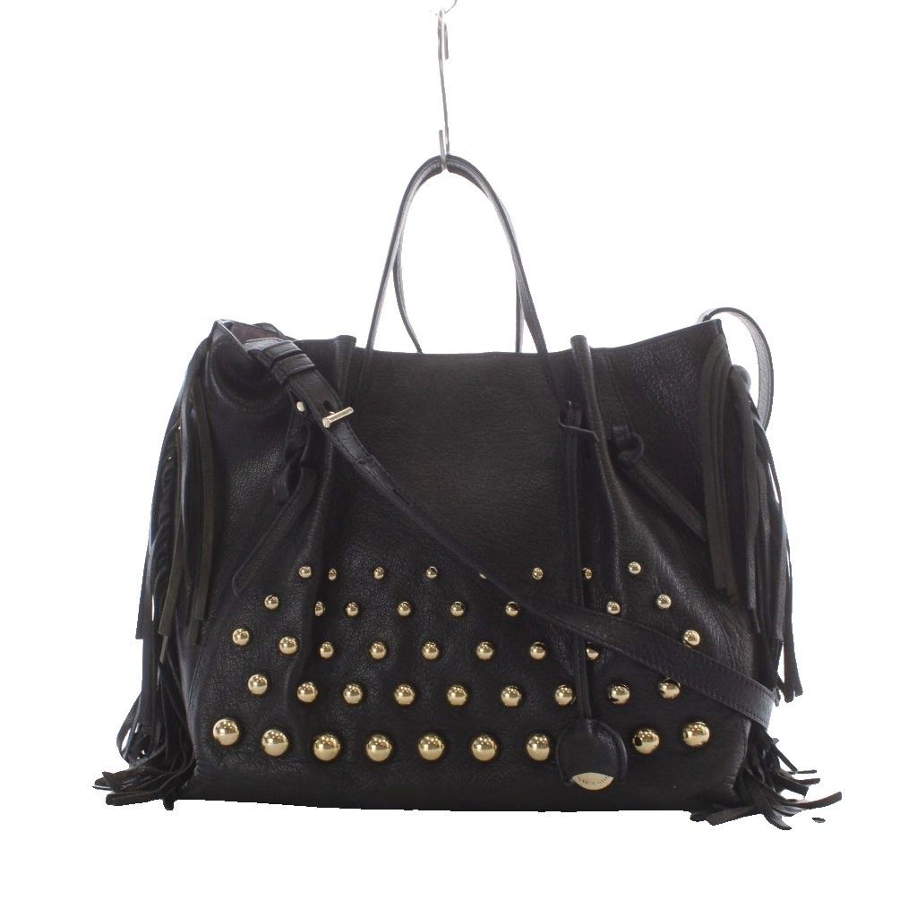 ペレボルサ PELLE BORSA ハンドバッグ ショルダーバッグ 2way レザー 黒 ブラック スタッズ フリンジ /RI ■OS