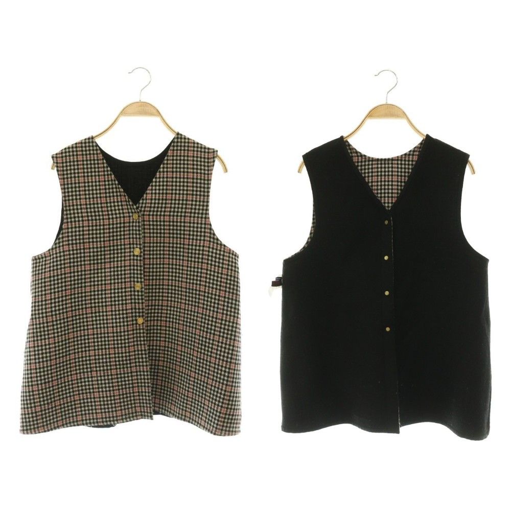 トゥモローランドコレクション TOMORROWLAND collection 24AW タッターギンガムリバ 4-wayジレ ベスト リバーシブル シルク混 36 黒 ブラック ベージュ 赤 レッド /CX ■OS