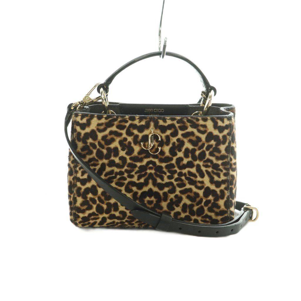 ジミーチュウ JIMMY CHOO VARENNE TOP HANDLE MINI 2WAY ハンドバッグ ショルダーバッグ ハラコ レオパード柄 茶 ブラウン ベージュ 黒 ブラック /MI ■OS