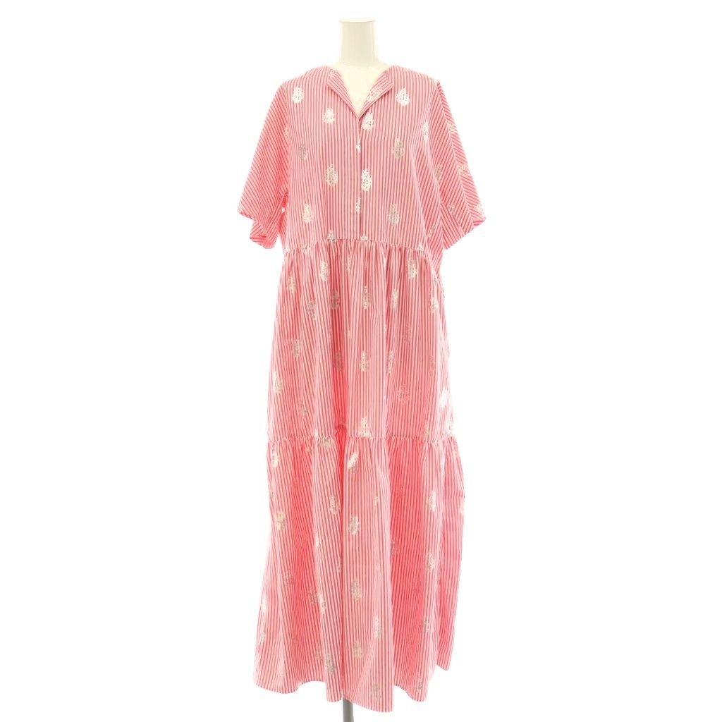 ヌキテパ NE QUITTEZ PAS! 25SS Cotton Poplin Stripe Foil Print Half Sleeve Tiered Dress ワンピース ティアード M ピンク シルバー色 白 /ES ■OS