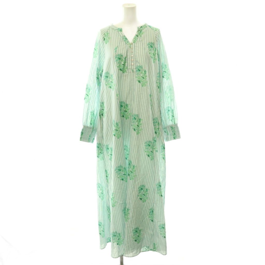 ヌキテパ NE QUITTEZ PAS! 25SS Cotton Jacquard Lily Print Flare Dress ワンピース ロング ストライプ M ライトブルー グリーン /HK ■OS
