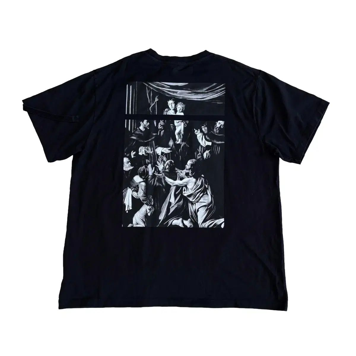 L オフホワイト ブラック プリンティング 半袖Tシャツ