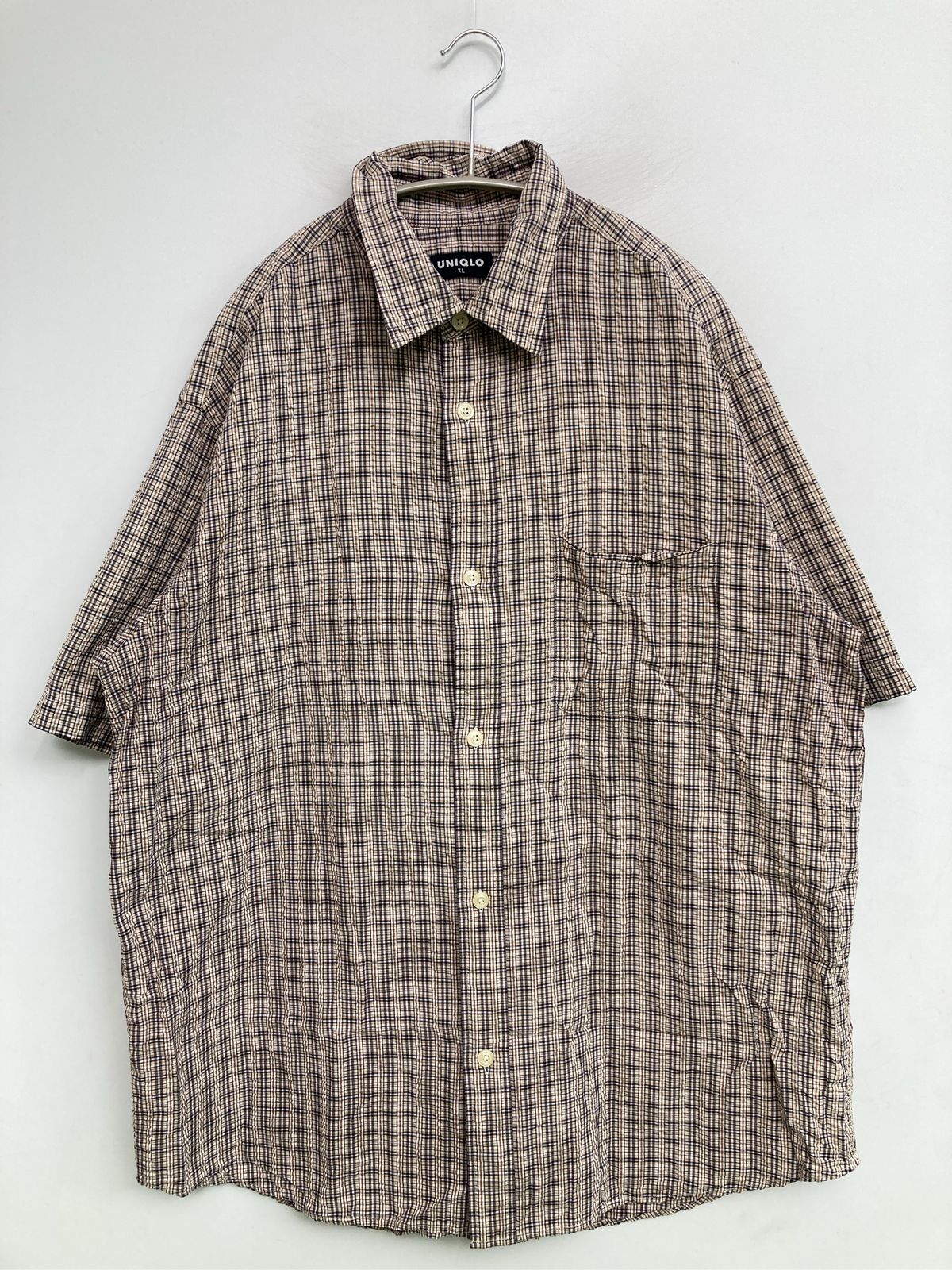 UNIQLO ユニクロ シャツ/ブラウス XL ベージュ コットン チェック柄 ミドル丈 半袖 レギュラーカラー メンズ