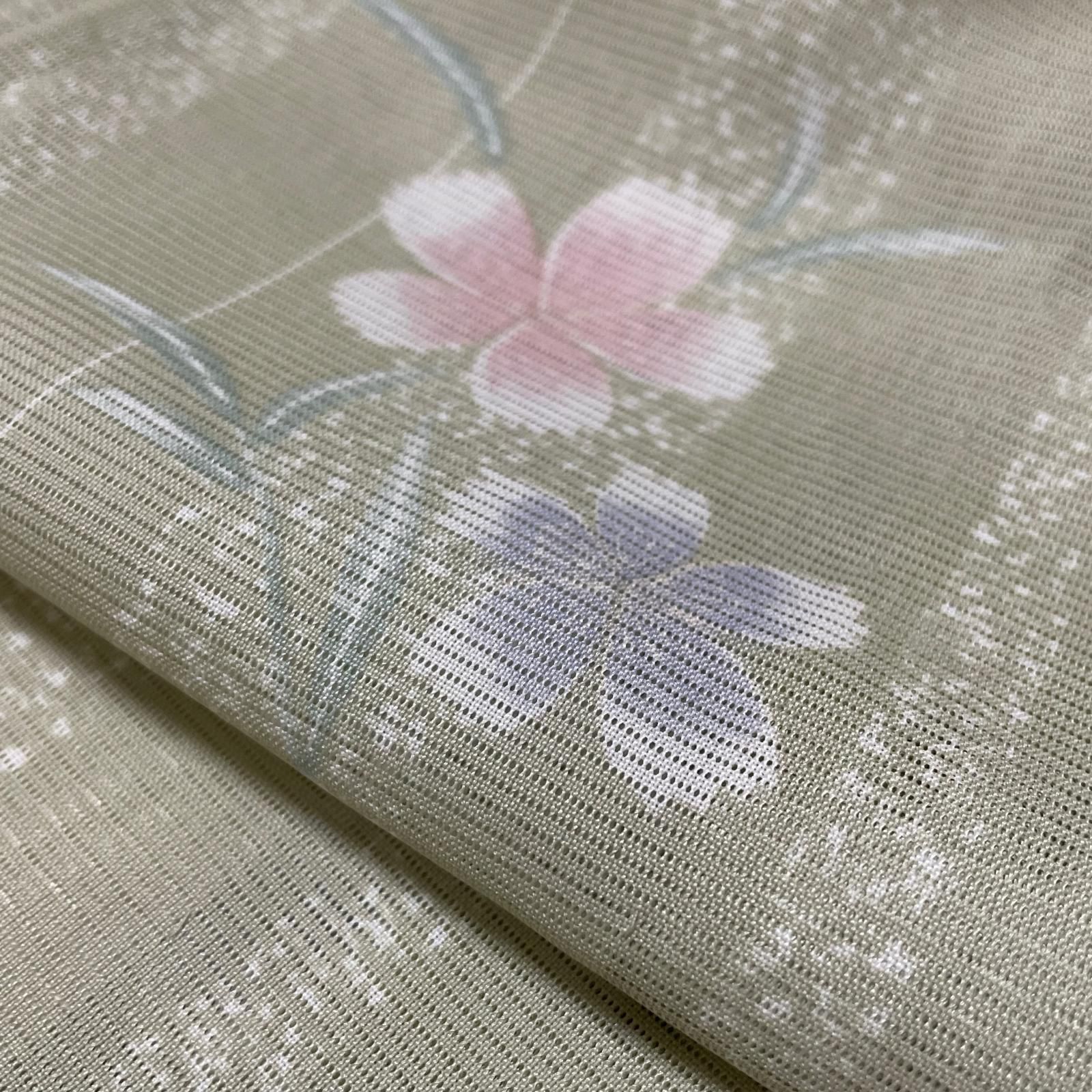 夏着物 絽織 小紋 たたき染め 縞に花模様 着物 化繊 X-3496