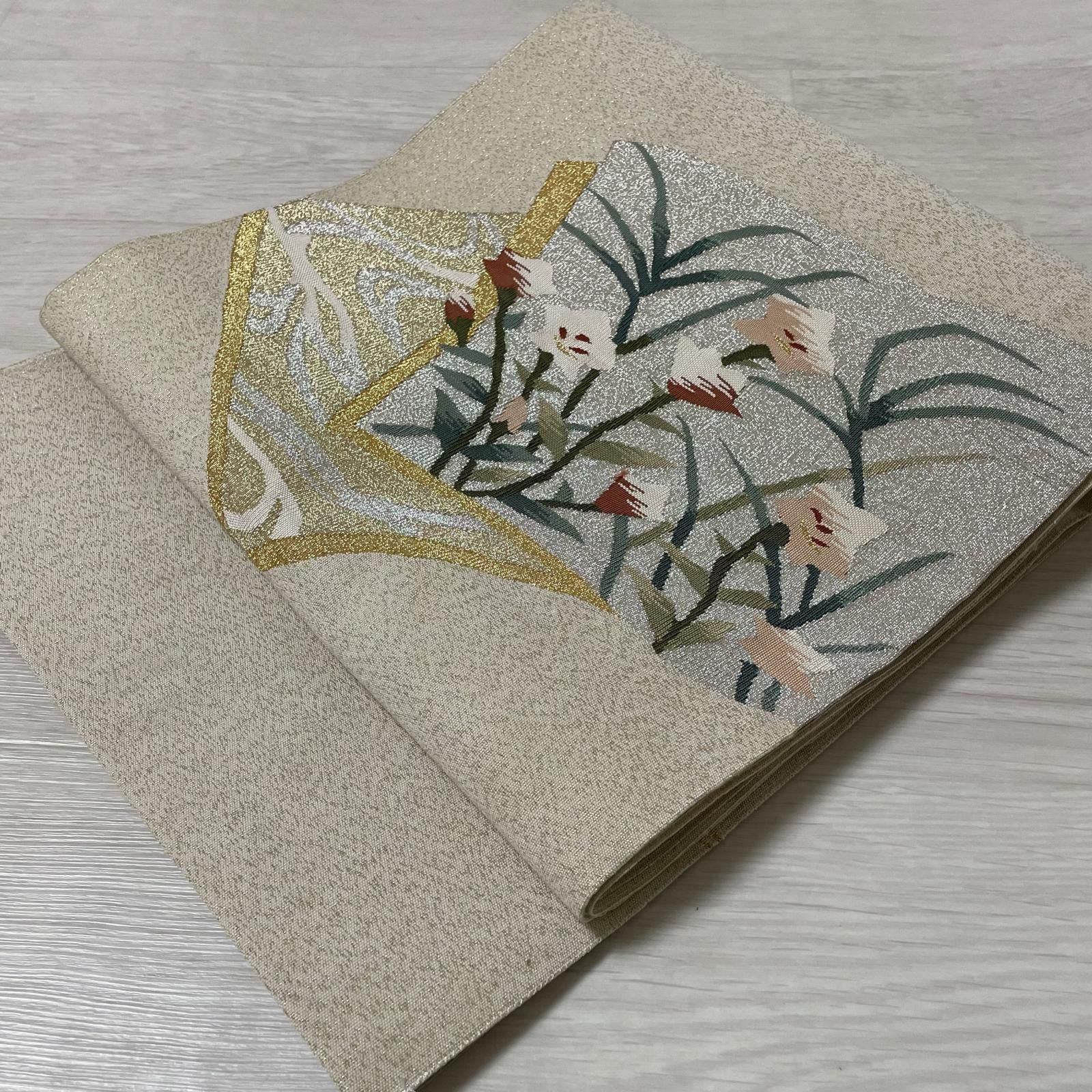 名古屋帯 綴れ 草花模様 八寸 正絹 着物 X-3524