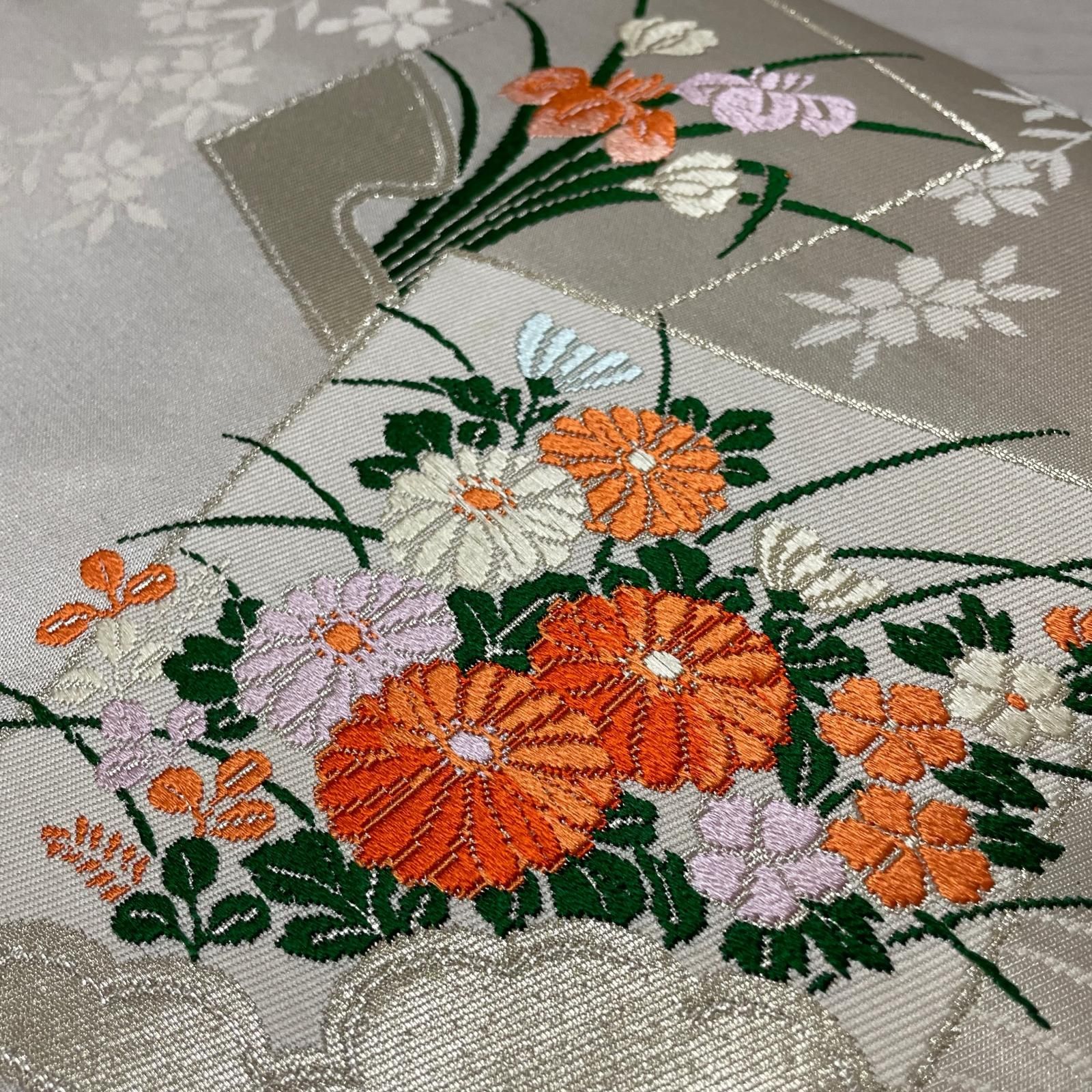 名古屋帯 唐織 菊に菖蒲 美しい織出し 九寸 正絹 着物 X-3527