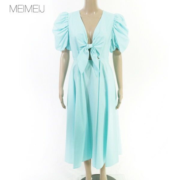 80%OFF 新品 メイメイジェイ MEIMEI J ワンピース 40 EOP1913 Mサイズ ライトブルー レディース ロングワンピース パフスリーブ イタリア製