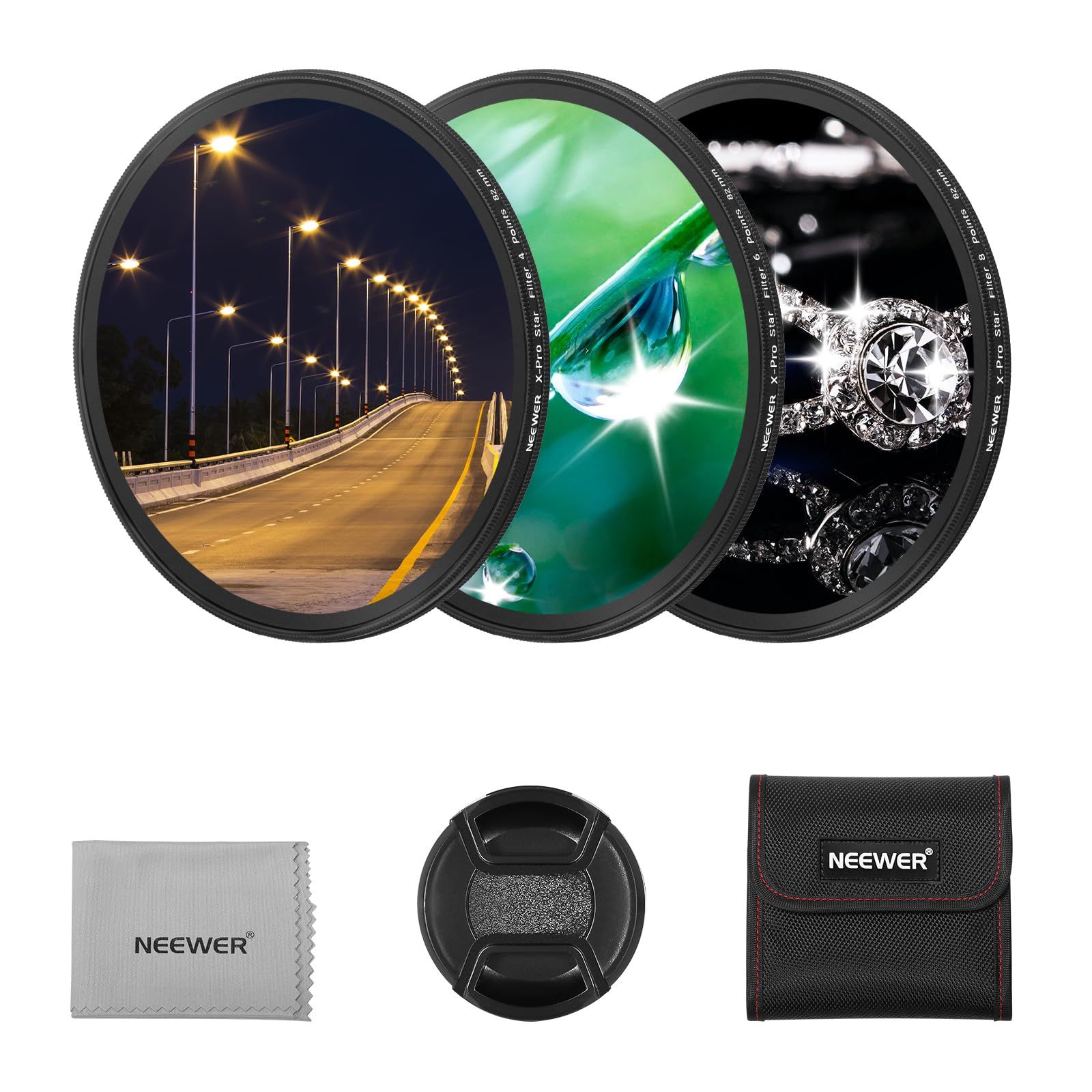 特価商品 NEEWER 82mm クロスフィルター 調整可能なクロススクリーンスター効果フィルター（4、6、8ポイント） 超薄型アルミ合金フレーム HDダークコーナーなし 両面ナノコーティング（3枚）