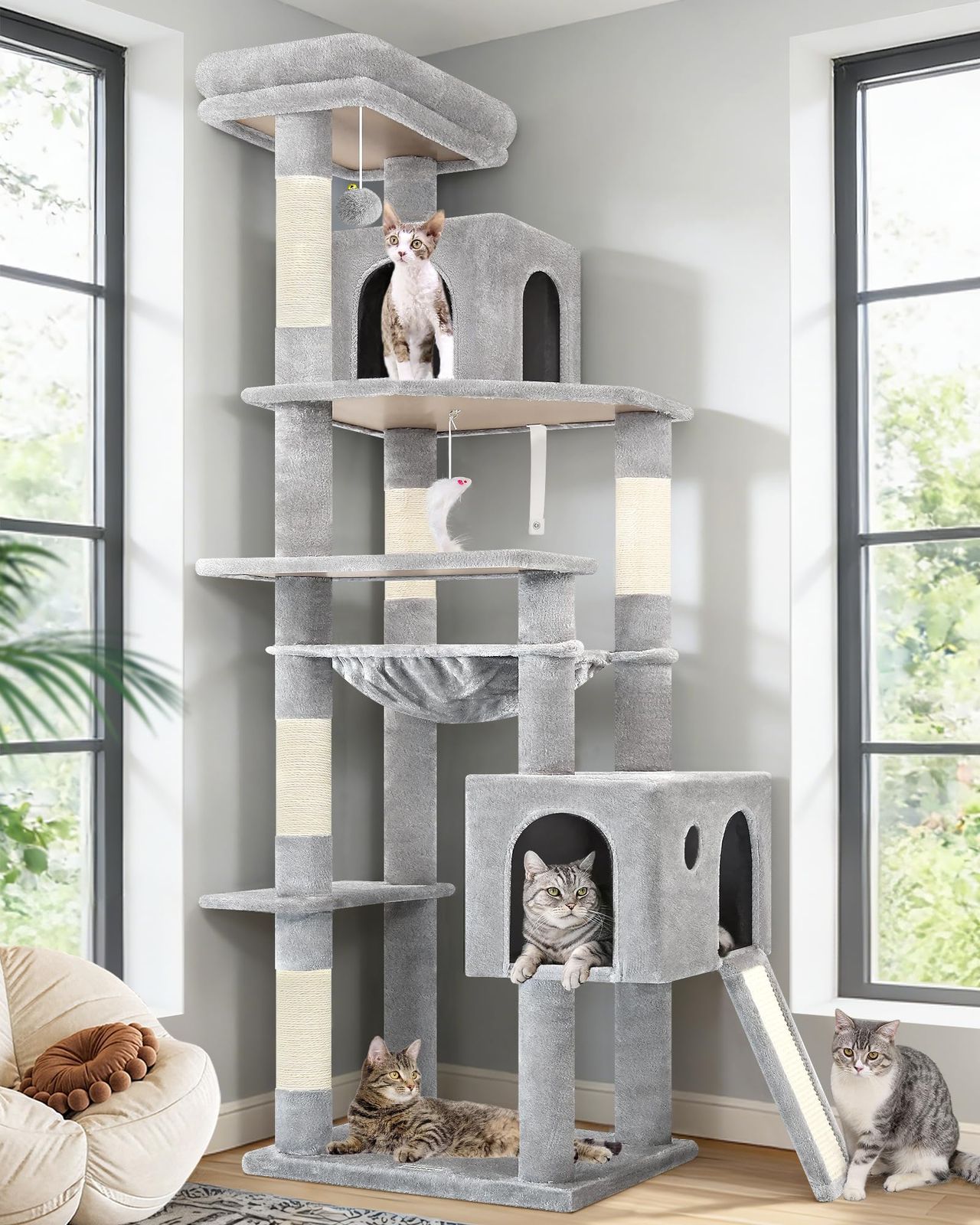 ☆新品☆Globlazerコーナー キャットタワー 超スリム 省スペース 大型猫用 多頭飼い きゃつとタワー 付い2つキャットハウス 大きな屋上展望台 柔らかい特大ハンモック 天然麻紐の猫の爪とぎボード 複数猫の爪とぎポスト 玩具ぬいぐるみボ 0d1501b7