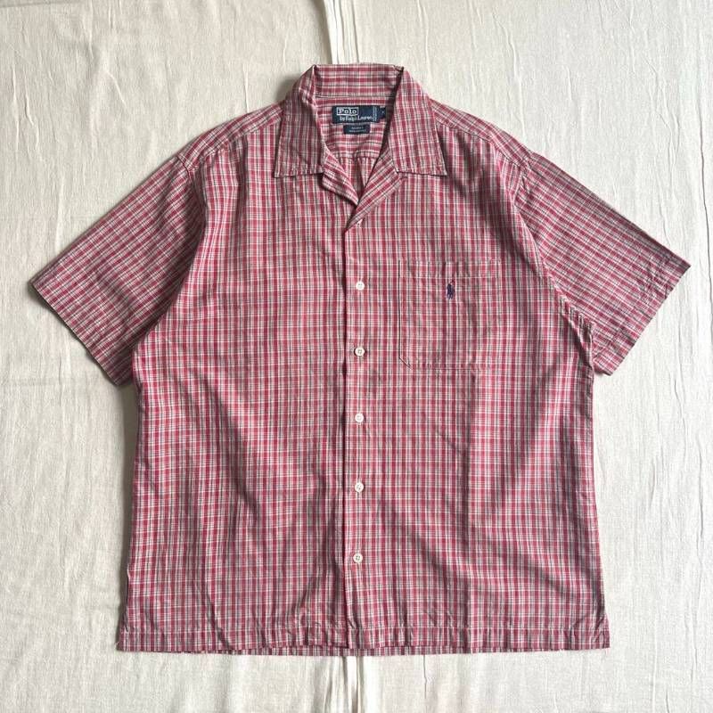 希少　90s　vintage　旧タグ　Polo by Ralph Lauren　ポロバイラルフローレン　ADAMS　半袖開襟シャツ　オープンカラー　レッド系チェック柄　ポニーロゴ刺繍　ボックスシルエット　M　一点物　アメカジ　西海岸　古着　C-BOY　Y2K