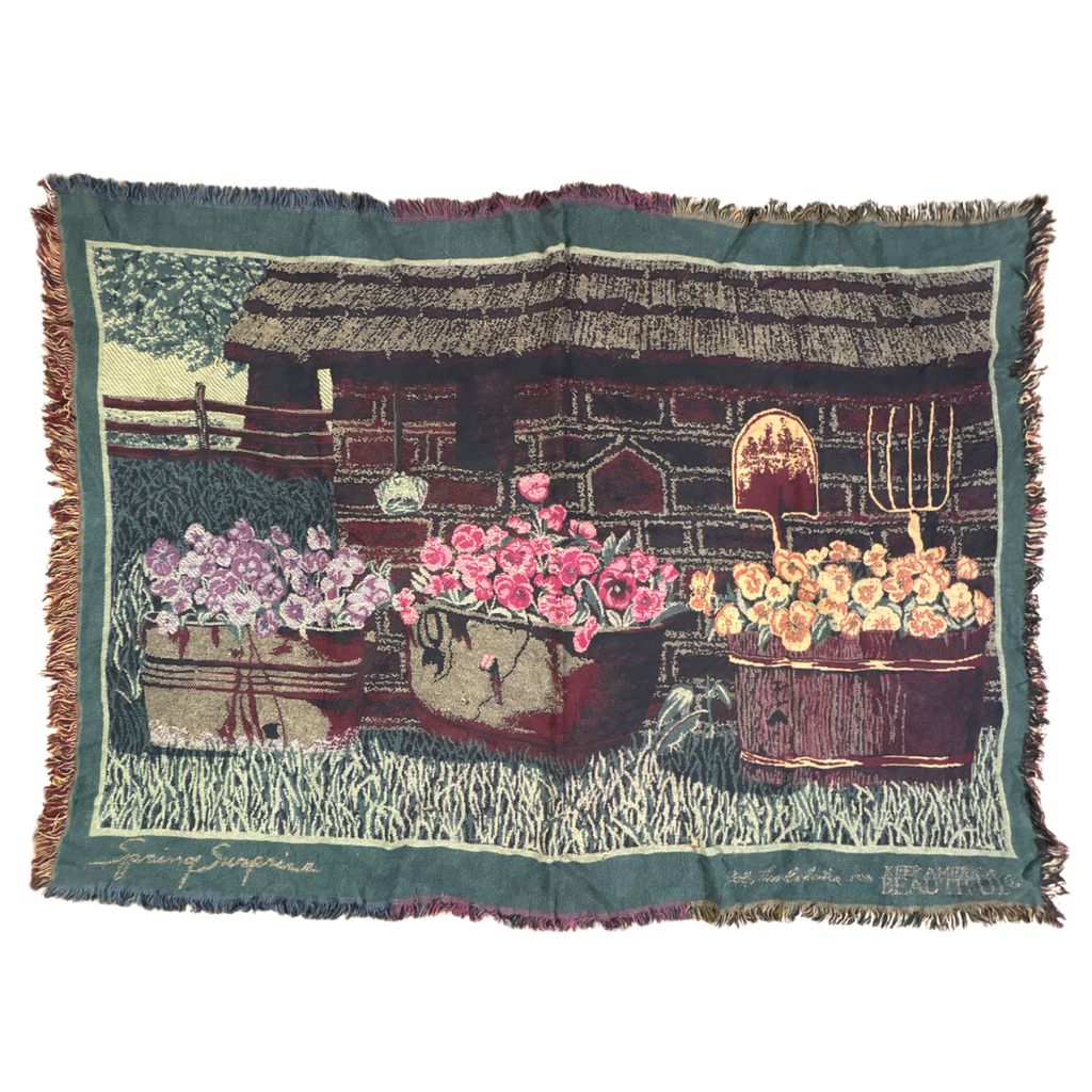 vintageラグ ブランケット マルチカバー タペストリー フラワー 花 パンジー 小屋 Rug Blanket Pansy 2906
