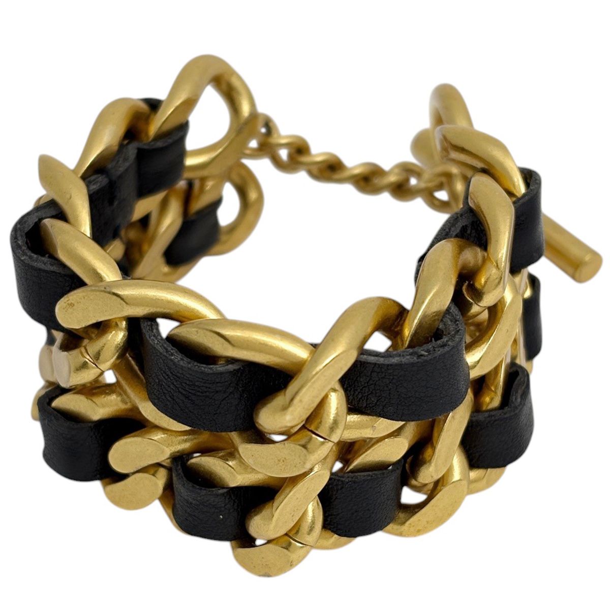 シャネル CHANEL ダブルチェーン ブレスレット GP レザー ゴールド ブラック レディース 【中古】