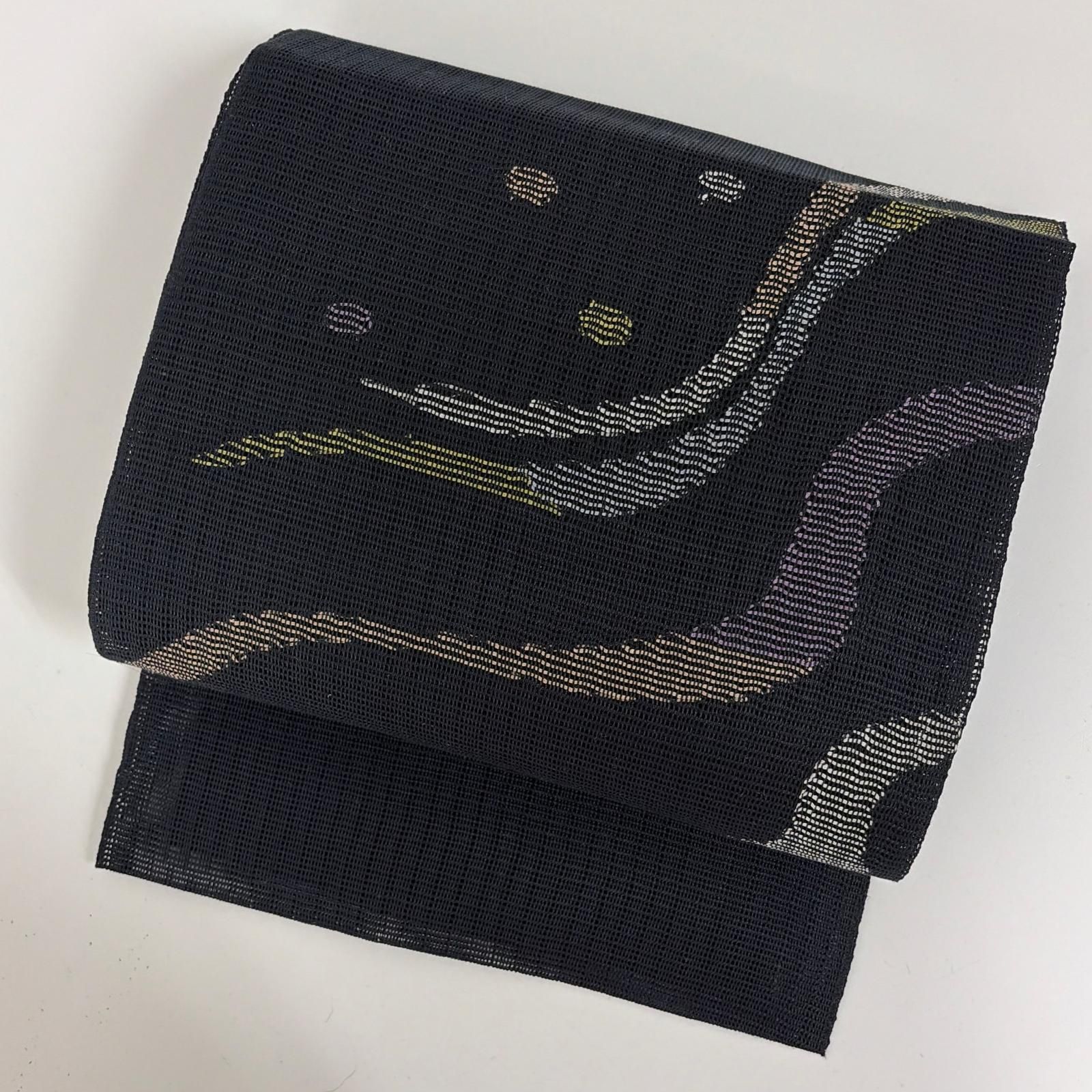 夏帯 名古屋帯 紗 黒地に上品な織り出し 八寸 正絹 着物 MA-8517