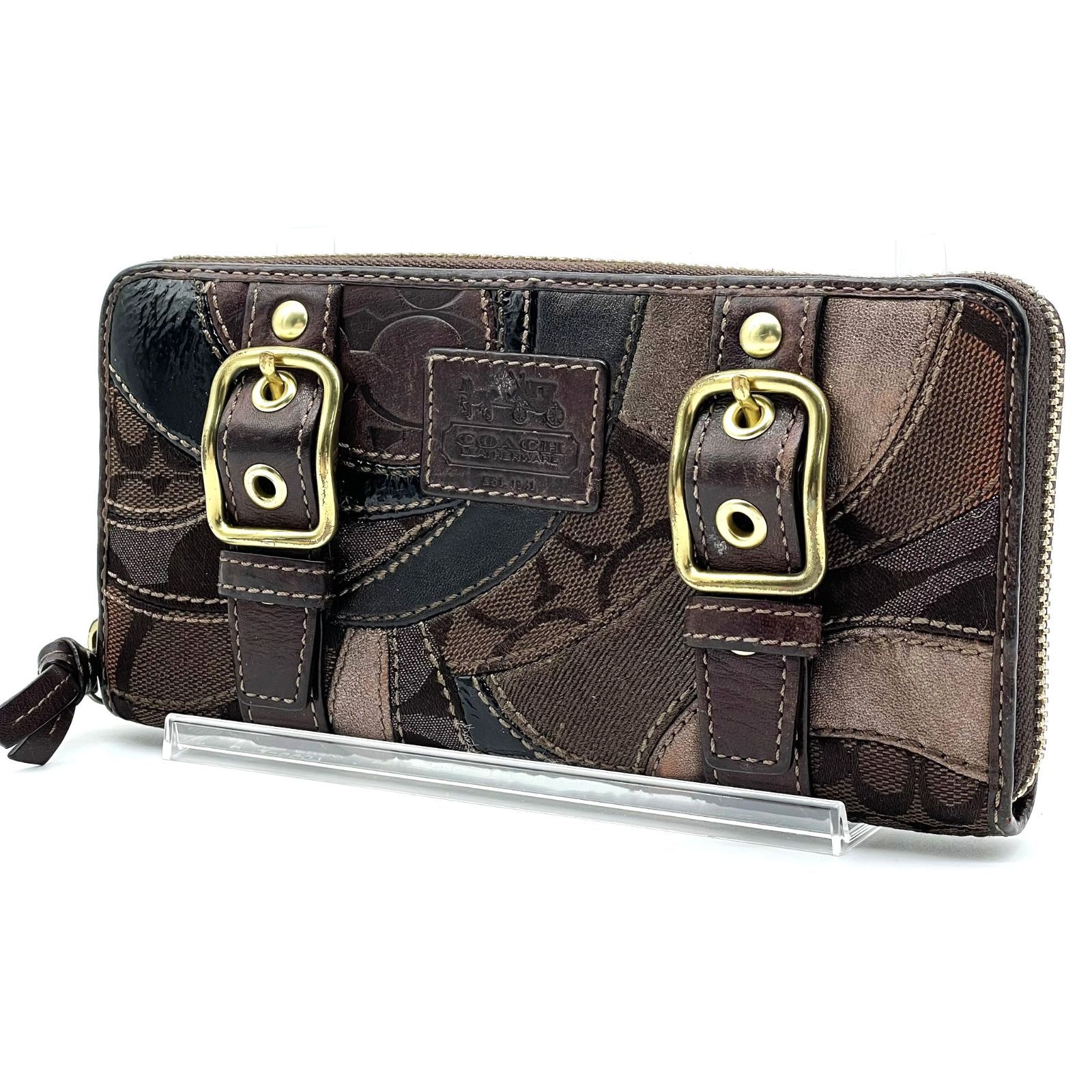 コーチ COACH 長財布 ラウンドファスナー Y2K シグネチャー パッチワーク ブラウン レザー キャンバス ベルトデザイン ロングウォレット レディース メンズ アーカイブ ヴィンテージ 希少 レア 人気 定番 総柄 ゴールド金具 大容量 収納豊富