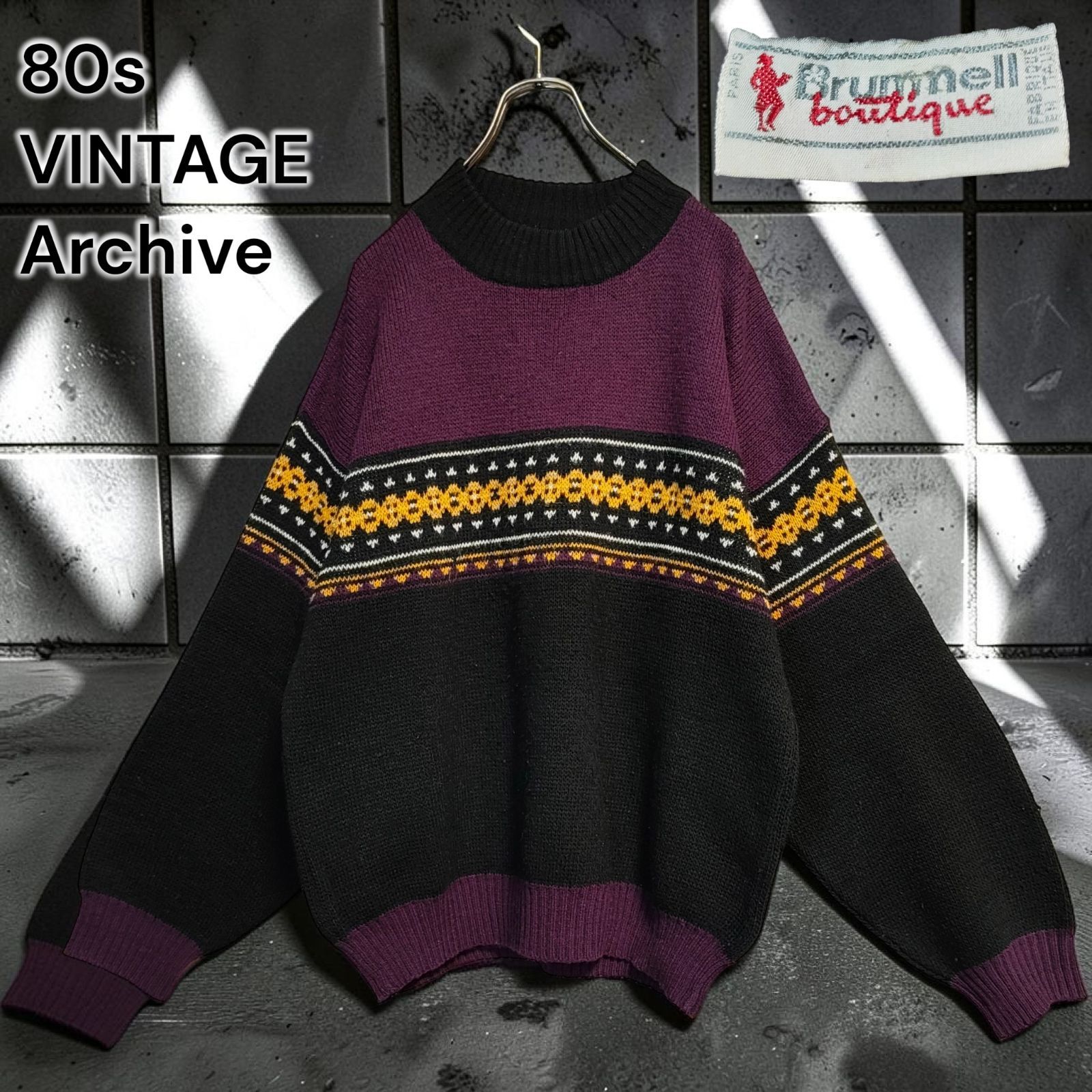 80s BRUMMELL VINTAGE Archive Italy MADE IN ITALY イタリア製　幾何学柄切替　ニットセーター　レトロ　太アーム　パープル　ユーロビンテージ総柄個性的デザイン古着秋冬メンズ肩落ち肉厚ミドルゲージ上質 Lサイズ相当