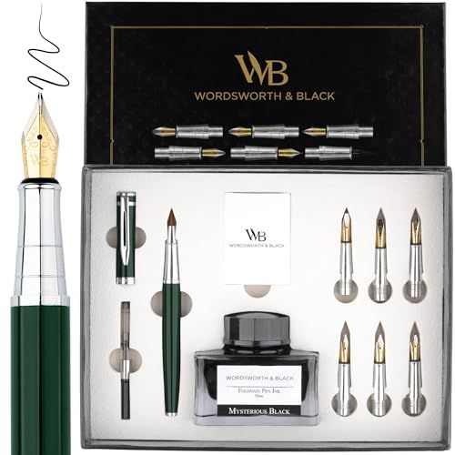 Wordsworth & Black カリグラフィーペンギフトセット、インクボトル、6つのインクカートリッジ、インクリフィルコンバーター、6つの交換用ペン先、プレミアムパッケージ、ジャーナリング、スムーズな書き心地のペン [グリーンクローム] 041aafbc