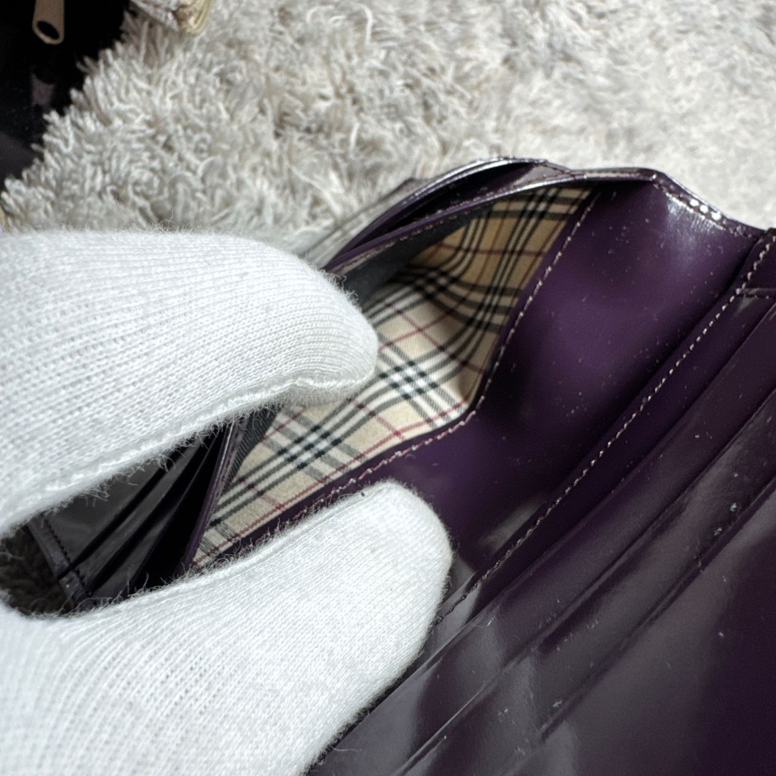 BURBERRY バーバリー 二つ折り財布 エナメル ノバチェック パープル 