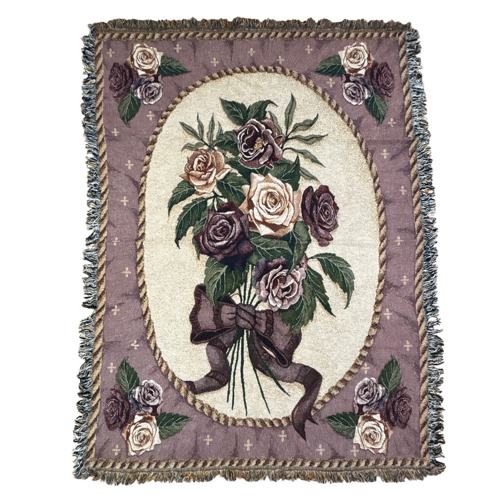 vintageラグ ブランケット マルチカバー タペストリー バラ ローズ リボン フラワー Rug Blanket Rose Ribbon 2942