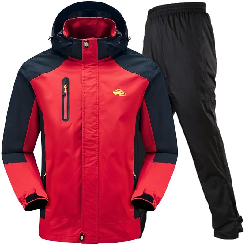 【新品】 [ベンケ] 【大雨でも快適】 レインウェア 登山 上下 メンズ アウトドアジャケット 釣り トザン ウェア レインパンツ マウンテンパーカー マウンテンジャケット 防水 撥水 カッパ 雨具 (レッド 3XL)