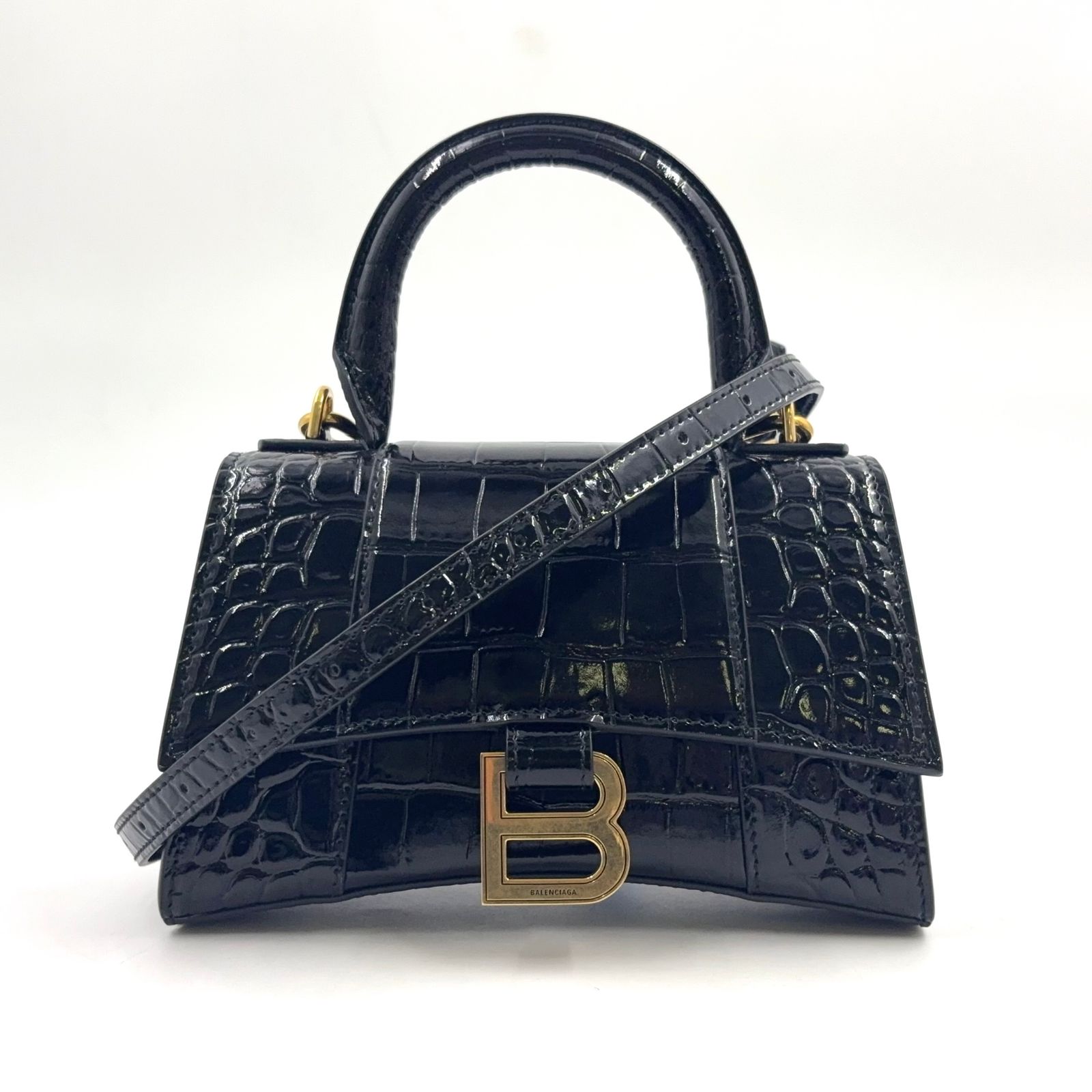 【新着】BALENCIAGA アワーグラス 2WAYショルダー カーフスキン ブラック ハンドバッグ ゴールド