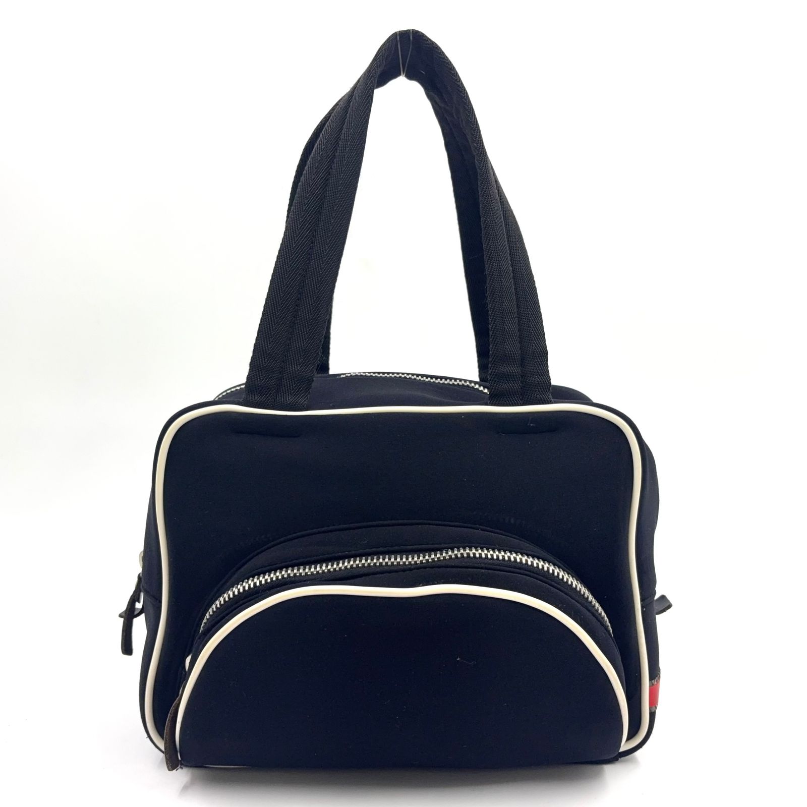 【新着】PRADA プラダスポーツ レザー、キャンバス、ナイロン ブラック、ホワイト ミニボストンバッグ シルバー