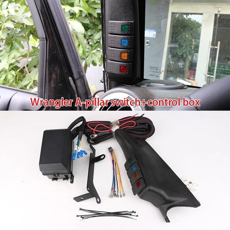JK左ハンドル車用Aピラースイッチポッド（リレーボックス付き）、ロッカースイッチ4個パネルキット（JK 2011-2017年モデル対応） カスタム