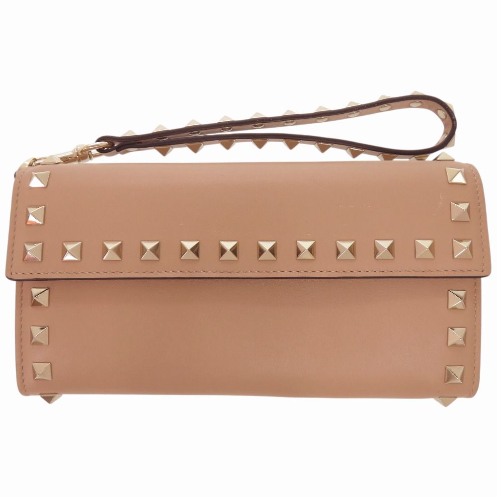 美品 ヴァレンティノ ガラヴァーニ ロックスタッズ QW1P0225BOL レザー ベージュ 長財布 0355 Valentino Garavani