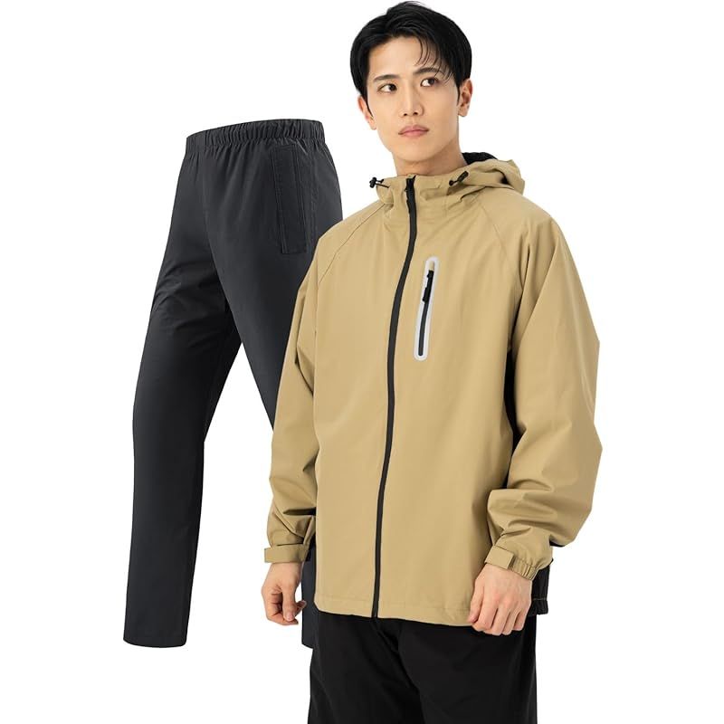 【新品】 [ベンケ] 【裏地メッシュで蒸れにくい】 レインウェア 上下セット メンズ カッパ 通勤 通学 防水 雨具 自転車 サイクル レインパンツ 登山 釣り (ベージュ XL)