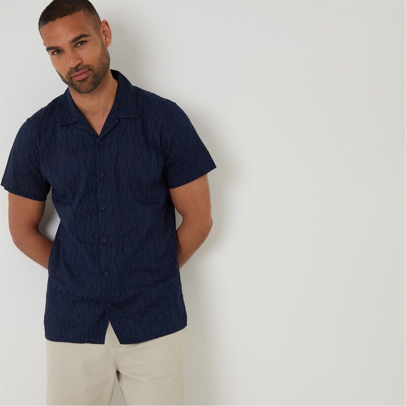 スリードベア メンズ トップス シャツ コットン Threadbare Cotton Pluck Textured Short Sleeve Shirt Navy ネイビー