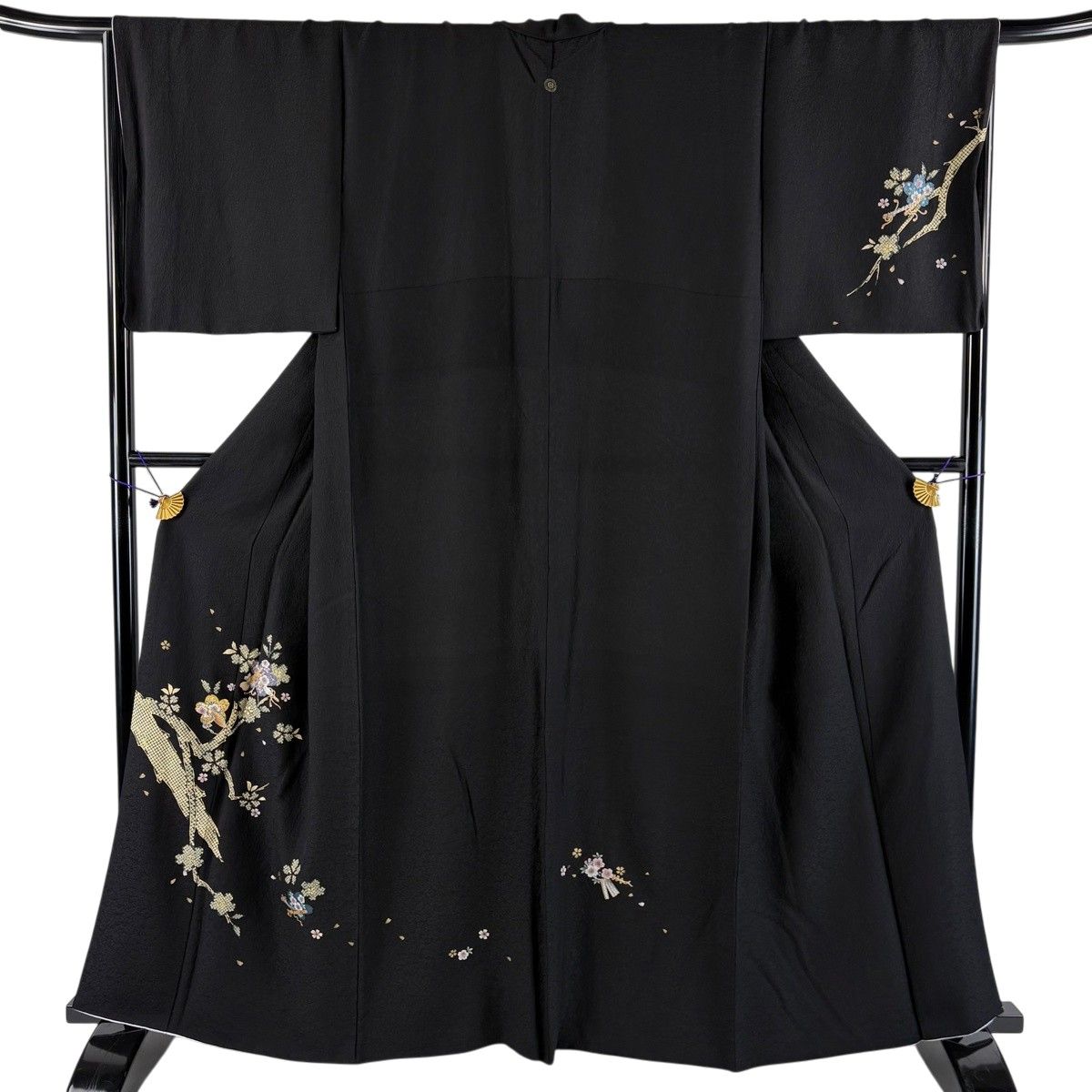 【美品】 付下げ 身丈160.5cm 裄丈68cm L 袷 桜 楽器 螺鈿 金彩 黒 正絹 秀品 一つ紋 【中古】