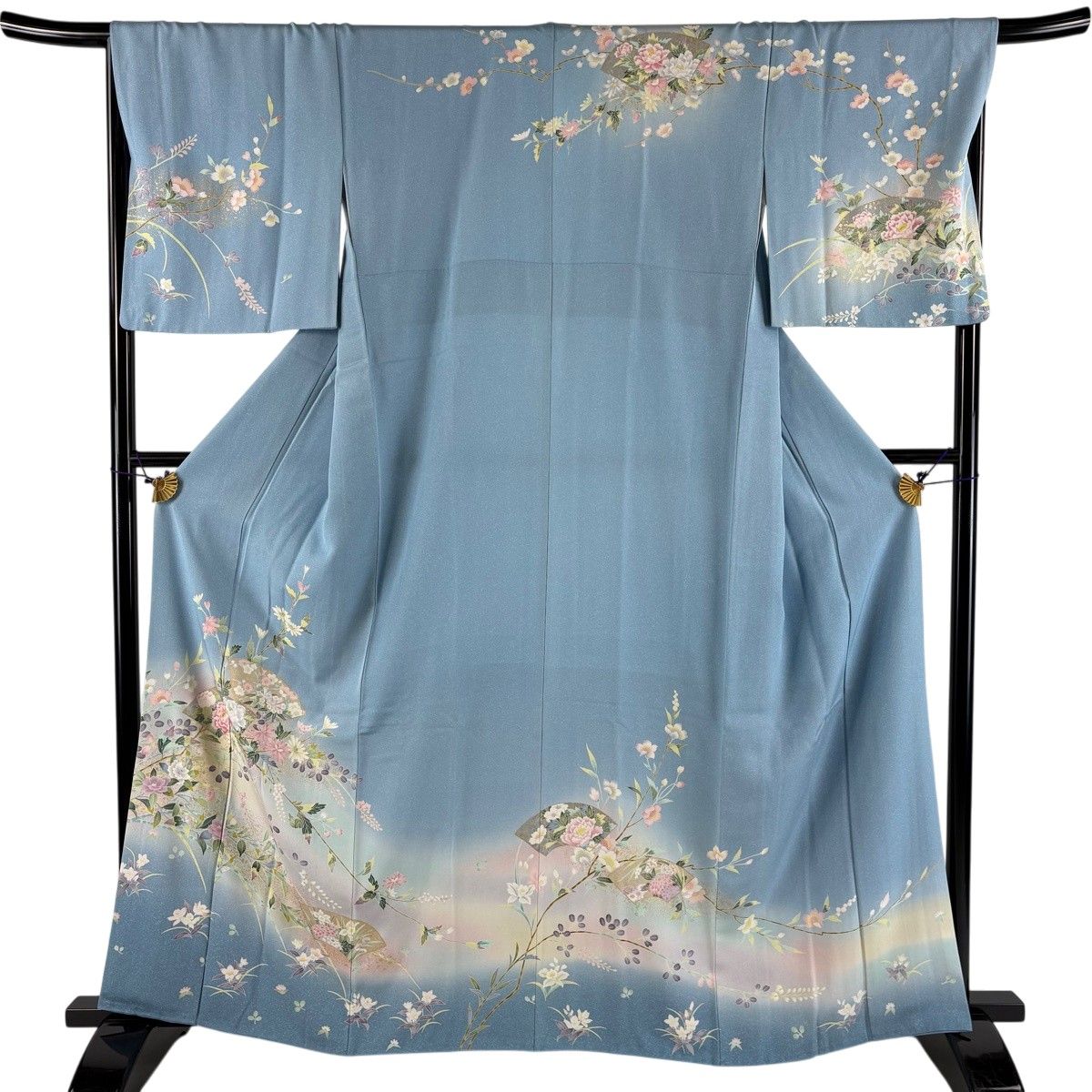 訪問着 身丈163cm 裄丈67.5cm L 袷 鈴乃屋 扇面 草花 金彩 水色 正絹 秀品 【中古】