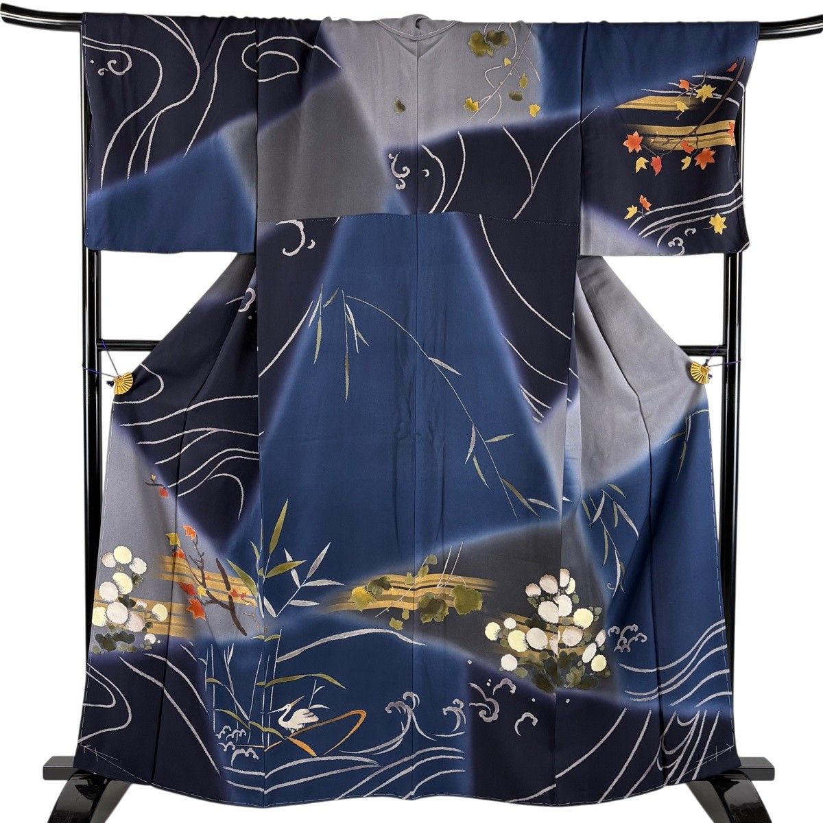訪問着 身丈161cm 裄丈69.5cm L 袷 菊 紅葉 染め分け ぼかし 濃紺 正絹 秀品 【中古】