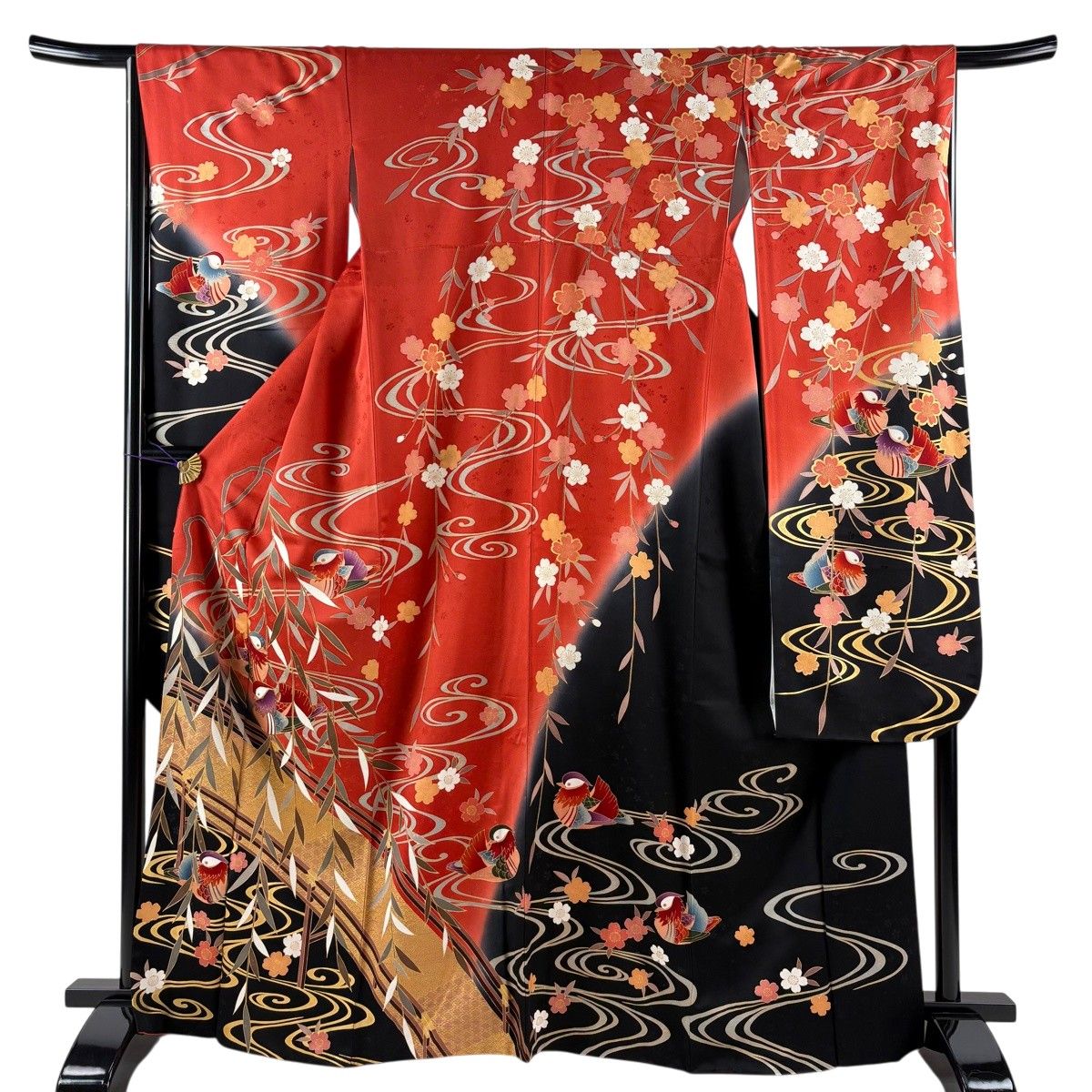 振袖 身丈166cm 裄丈65.5cm M 袷 鴛鴦 柳 金糸 金彩 朱色 正絹 秀品 【中古】