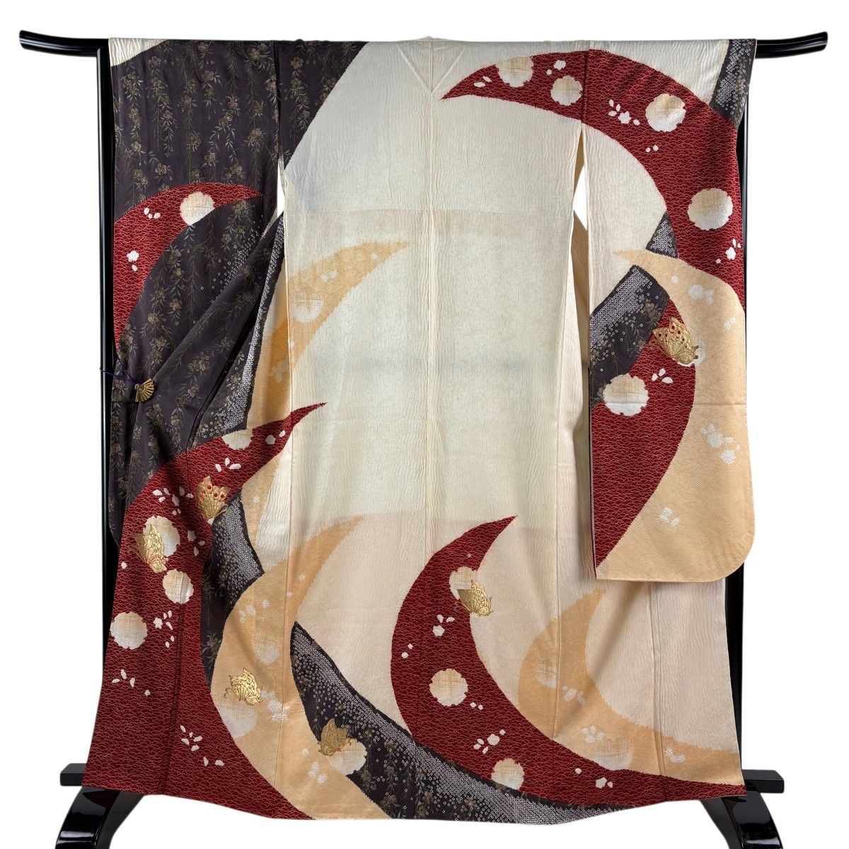振袖 身丈164.5cm 裄丈66cm M 袷 蝶 枝垂れ桜 金糸 絞り クリーム 正絹 秀品 【中古】