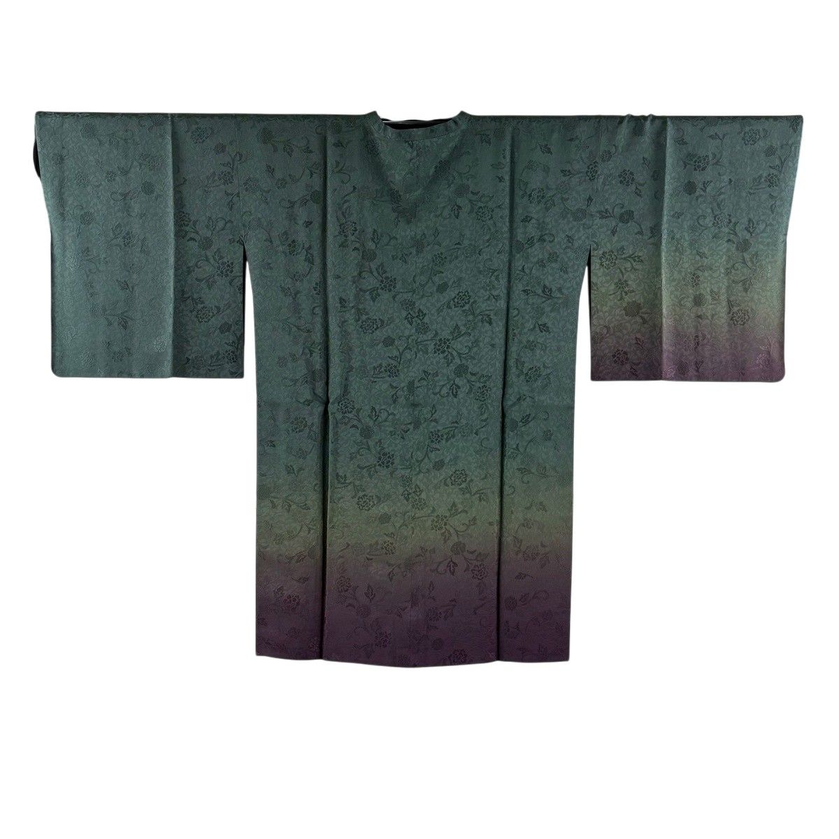道行 身丈91cm 裄丈66cm M 和装コート 角衿 地紋 染め分け 深緑 正絹 秀品 【中古】