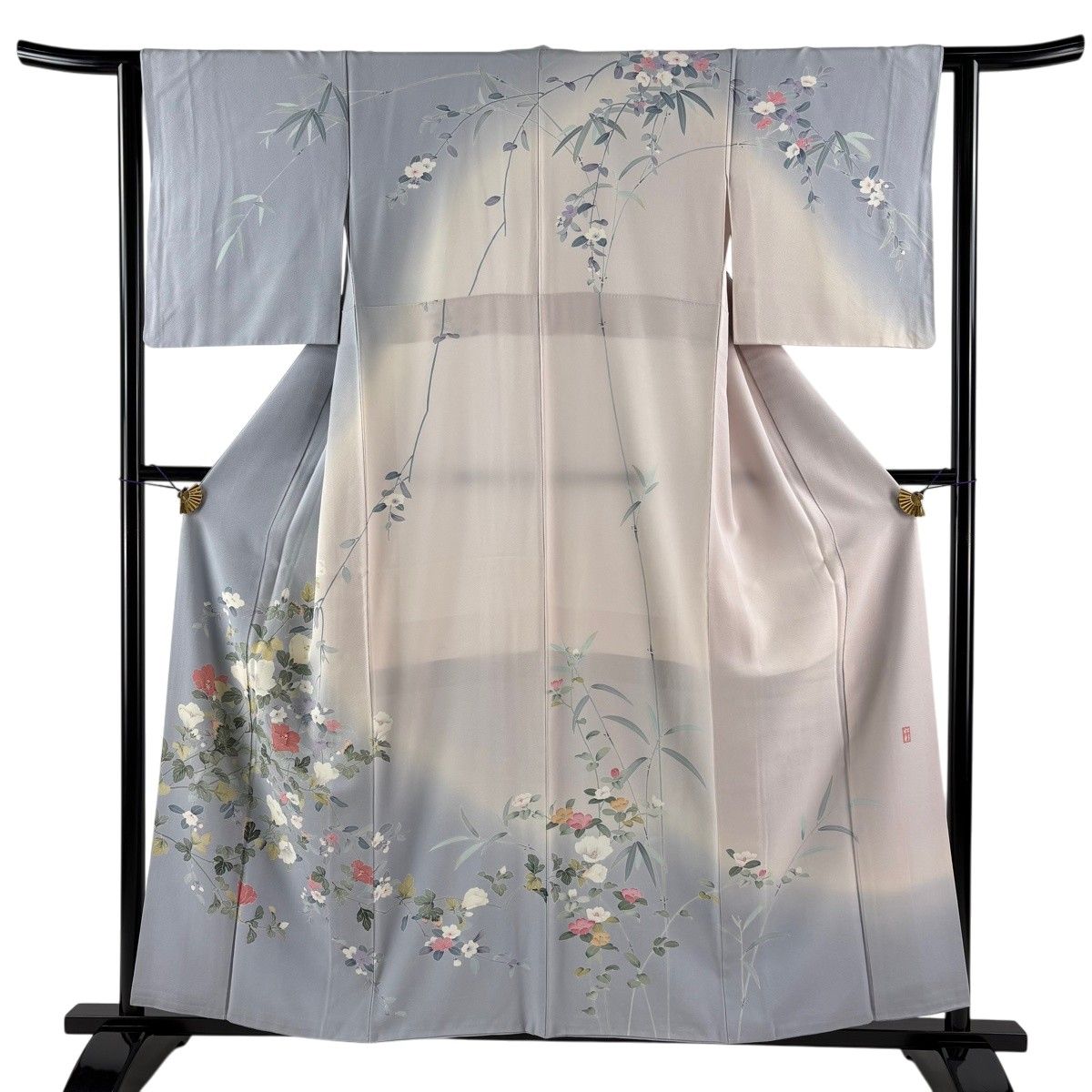 訪問着 身丈157cm 裄丈62.5cm S 袷 落款 枝花 染め分け ぼかし 青灰色 正絹 秀品 【中古】