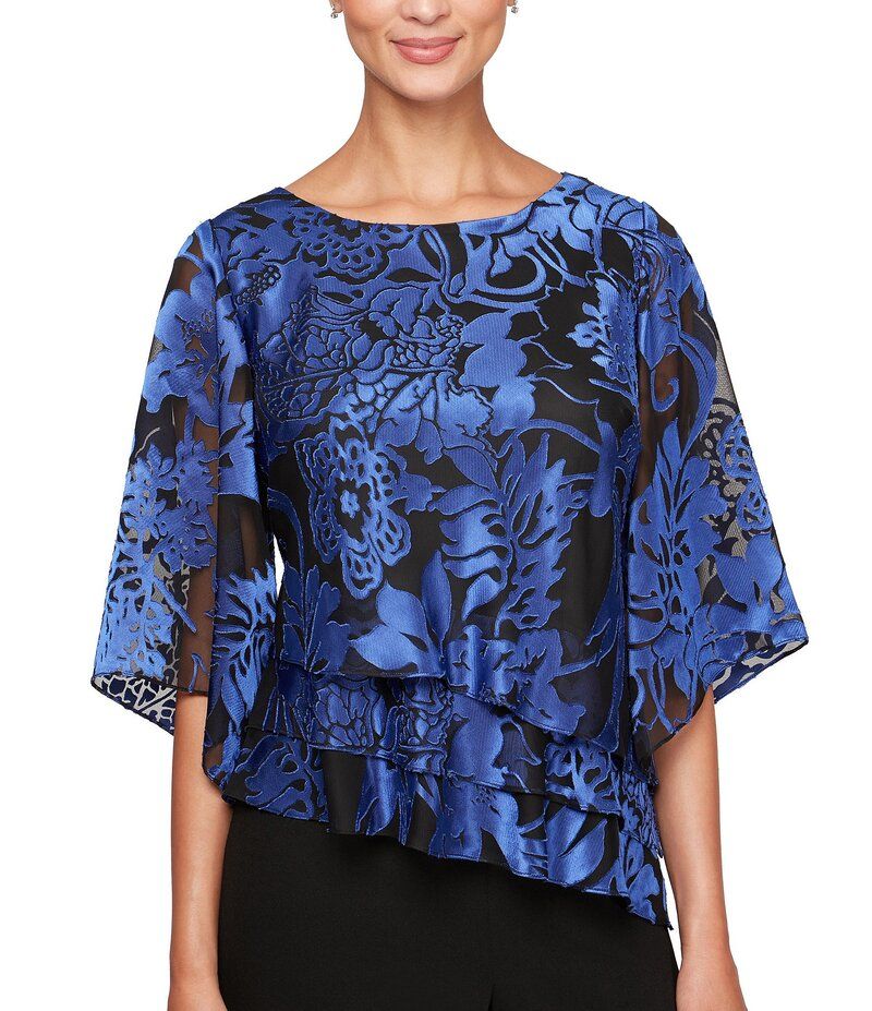 アレックスイブニングス レディース トップス ワンピース シフォン アシンメトリー プチ ブラウス Alex Evenings Petite Size Illusion Elbow Length Sl