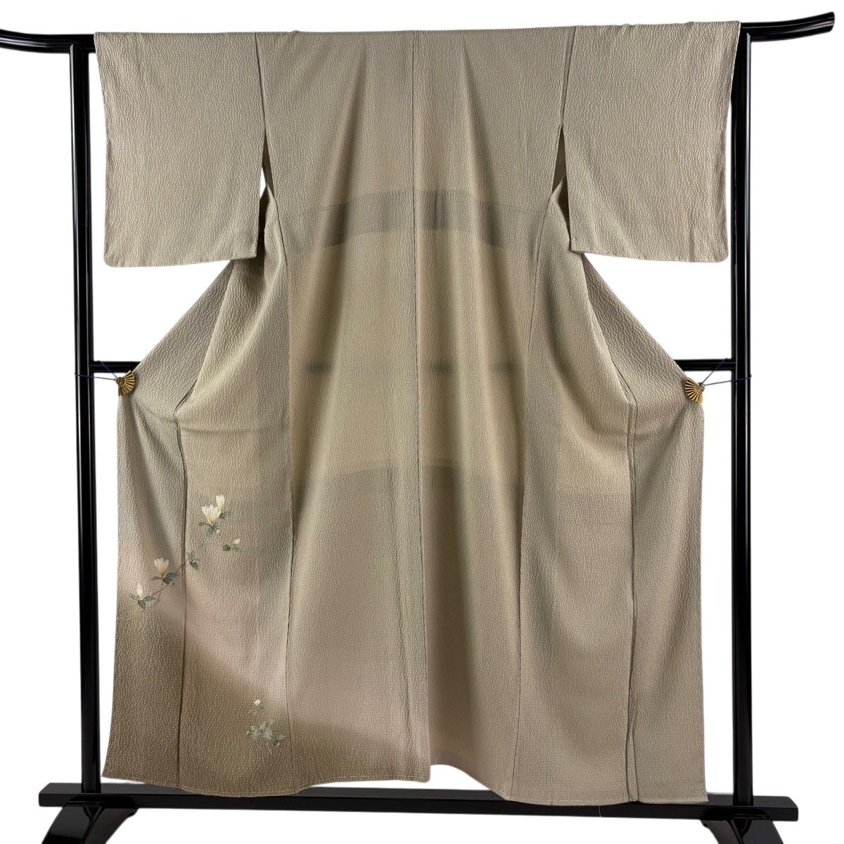 【美品】 付下げ 身丈155cm 裄丈65cm M 袷 枝花 絞り ぼかし 薄茶色 正絹 秀品 【中古】