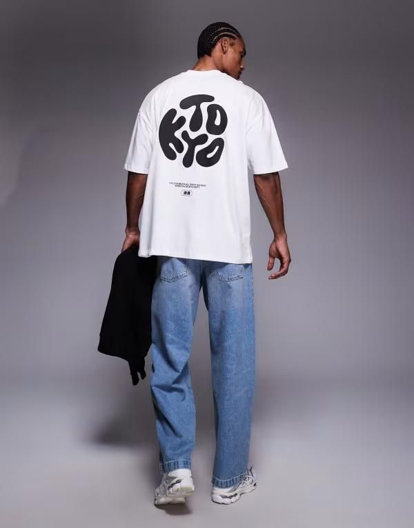 エイソス メンズ トップス Tシャツ プリント ASOS DESIGN oversized tshirt with Kyoto text print WHITE ホワイト